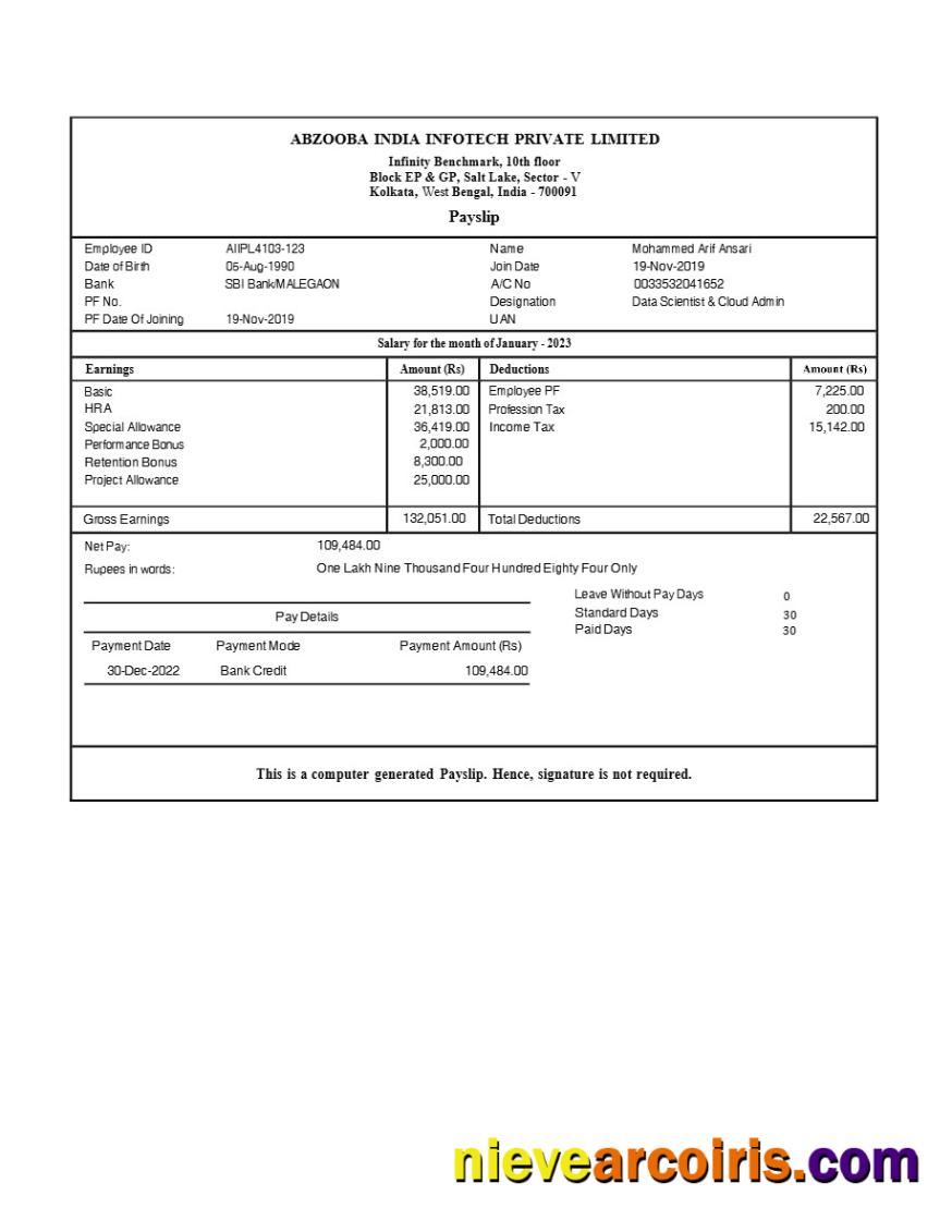Abzooba India Infotech payslip